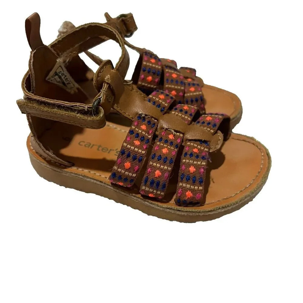 Carters Baby Girl Brown Gladiator Sandals 6 T Strap Boho Colorful Strappy Pink